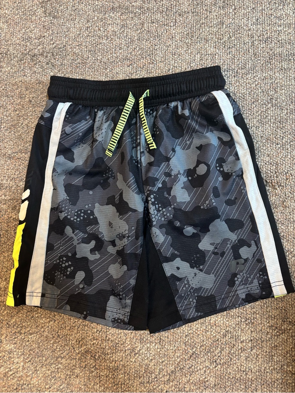 Russell Athletic Black & Gray Camo Shorts with Neon Yellow Drawstring